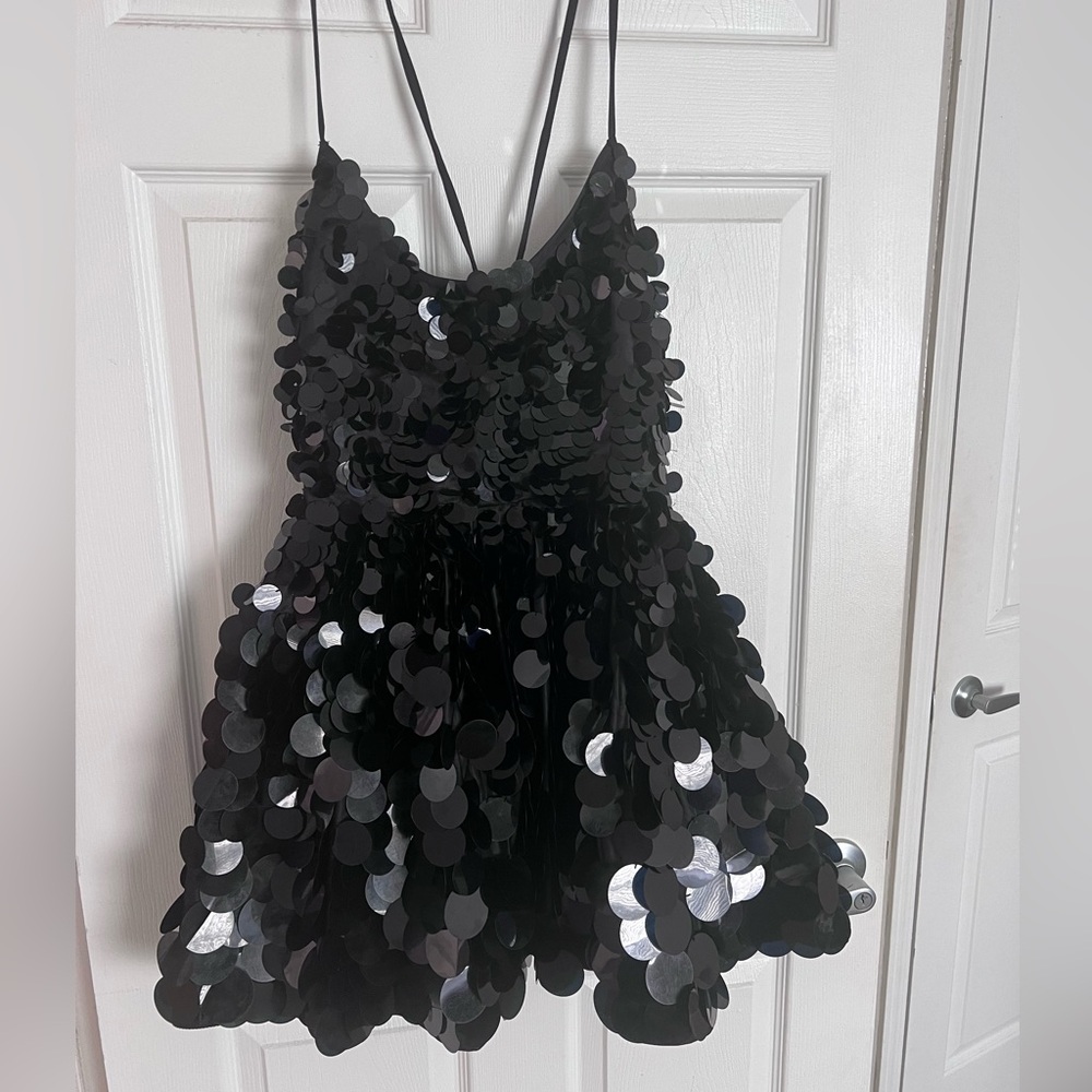ASOS DESIGN embellished mini corset prom with oversized disc sequin in black